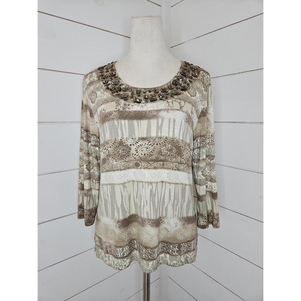 Multiples Large beige cream & tan shirt with beaded neckline